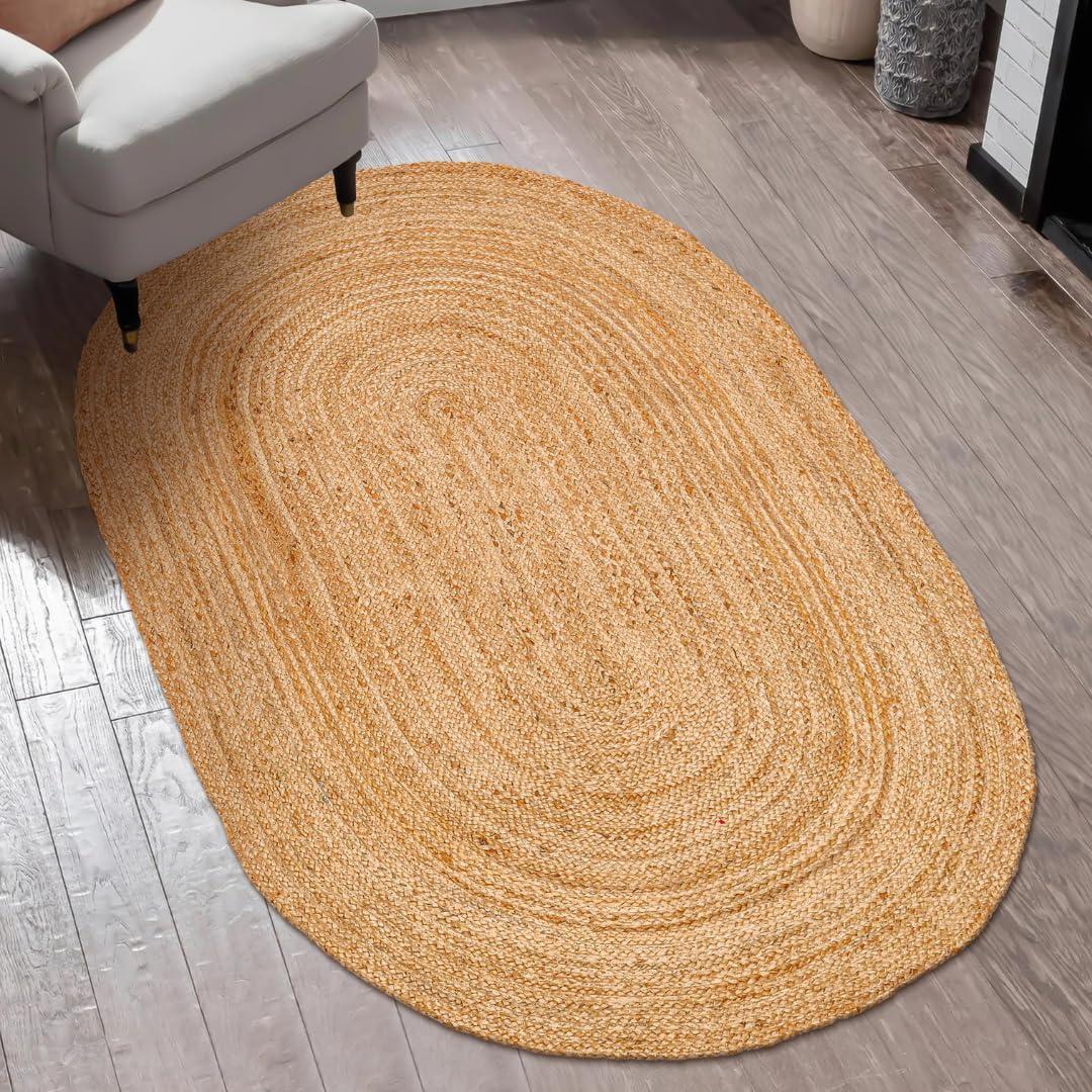 Handcrafted Jute Braided Rug 4x6 Feet Oval - 100% Natural Jute Area Rug - Rustic Farmhouse Boho Accent Rug for Living Room Bedroom Kitchen Entryway Reversible Handwoven Floor Rug