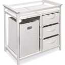 Badger Basket Modern Baby Changing Table - Nursery Furniture with Laundry Hamper and 3 Storage Drawers - Diaper Changing Station with Safety Belt, Changing Pad, and Organizer Baskets - White/White