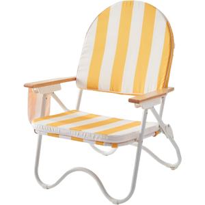 Padded Low Beach Chair, 4-Position Folding Outdoor Chair with Wooden Armrests, Cushioned Seat, Storage Pouch & Carry Strap for Beach, Patio and Lawn, Cala Serena Ochre Stripe