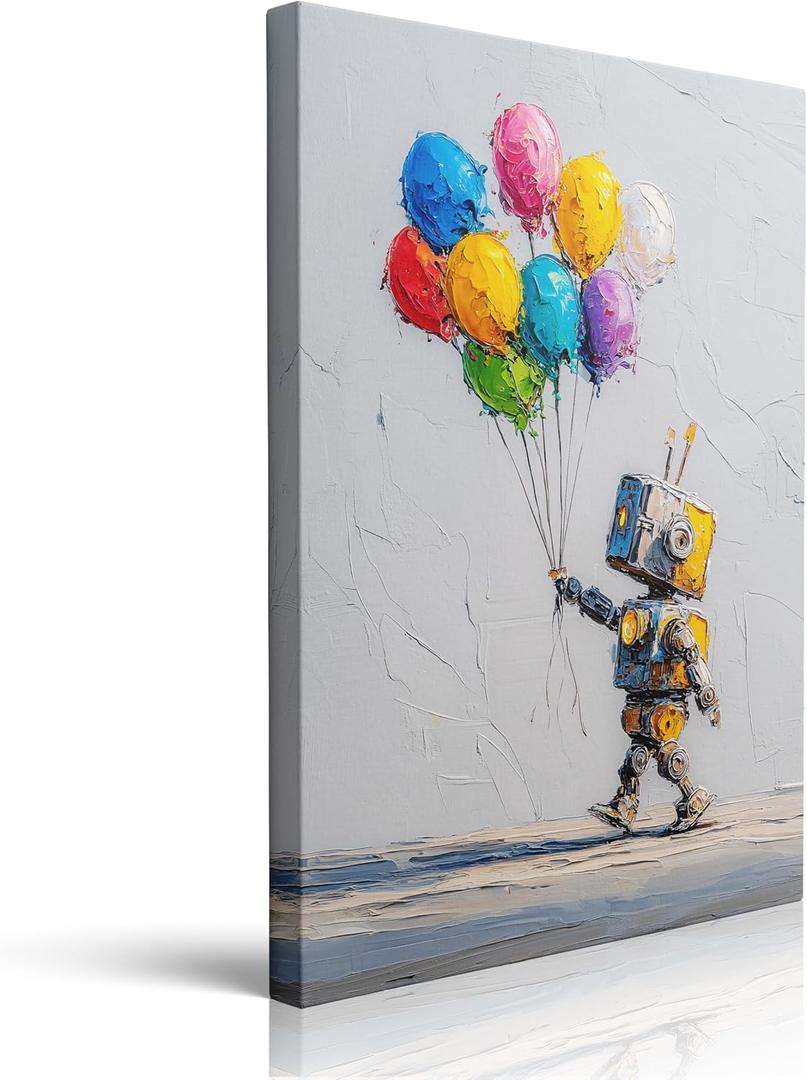 Playful Robot with Colorful Balloons Pop Art Canvas Wall Art Framed Print Painting Whimsical Street Art Wall Decor Artwork Poster Textured Fun for Teen Boy Room Modern Urban Unique Decor 12x16 Inches