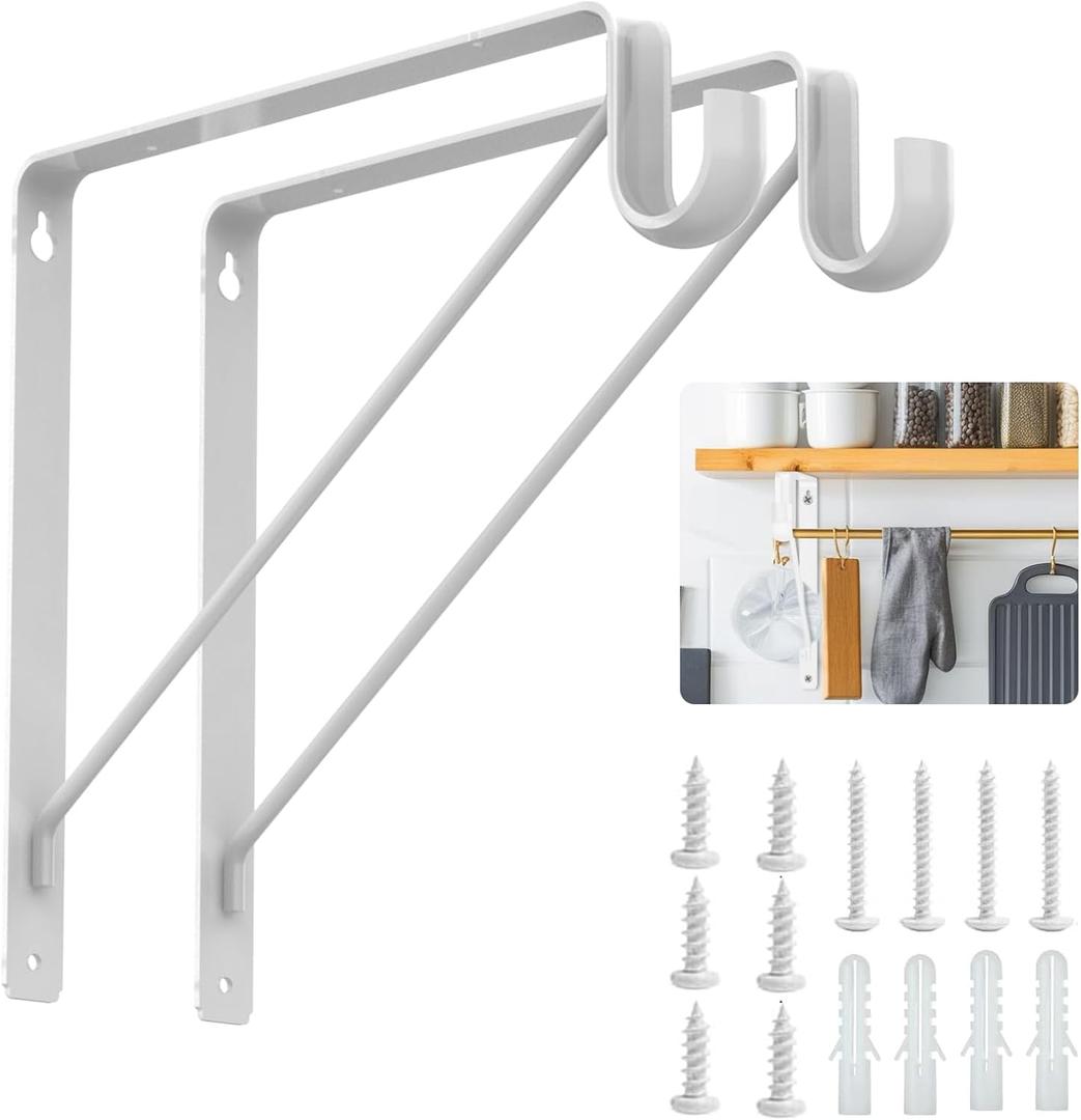 Pisman Closet Rod Bracket Heavy Duty,Shelf Bracket with Rod Holder- White Closet Rod Support & Closet Shelf and Rod Bracket for Storage, 10 Inch 2pcs
