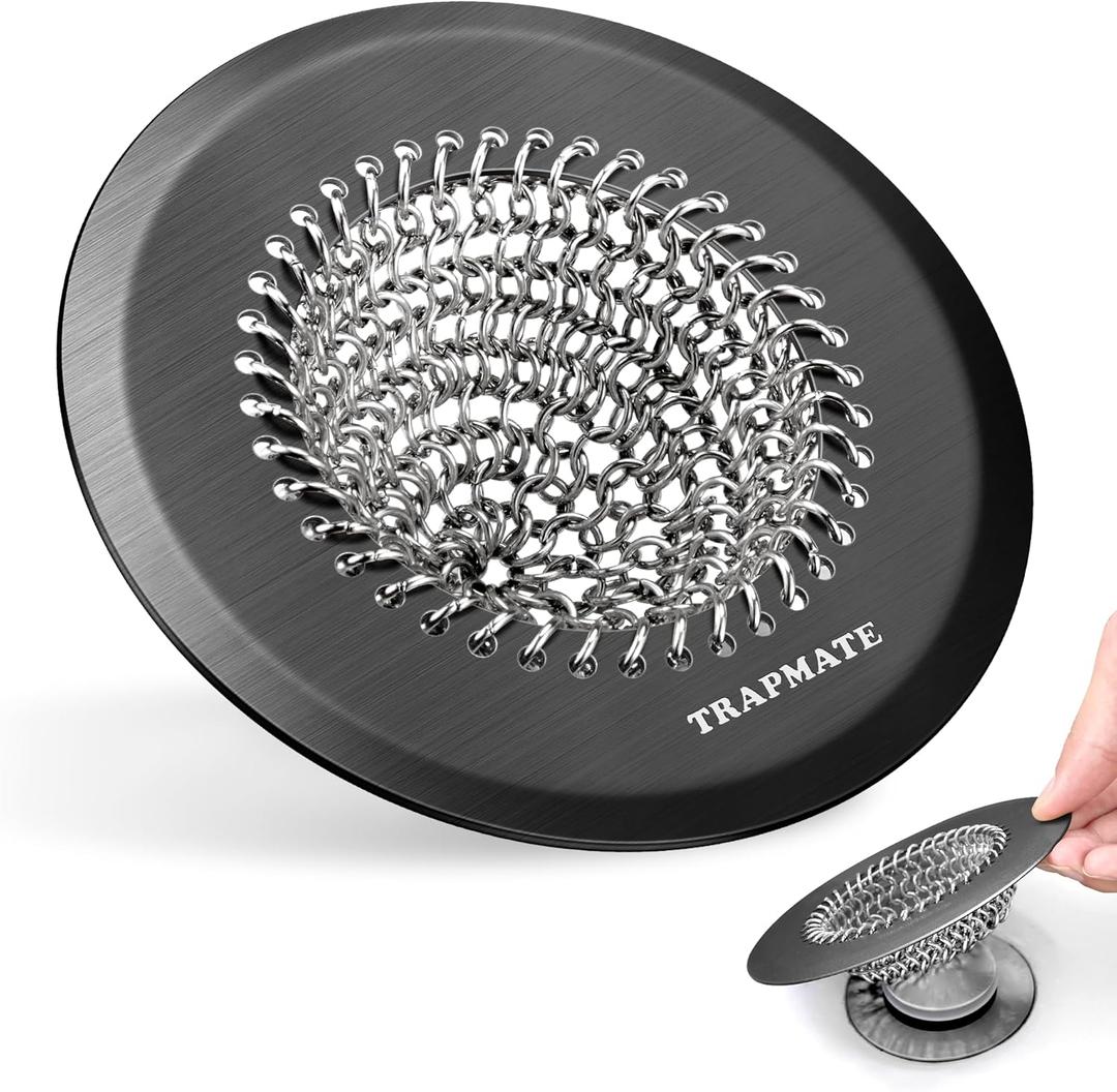 TRAPMATE Shower Hair Drain Catcher, Easy Clean Bathtub Drain Hair Catcher, Fast Drainage Tub Drain Protector, Stainless Steel Shower Drain Cover for US Standard Regular & Pop-up Drain Screen (Black)