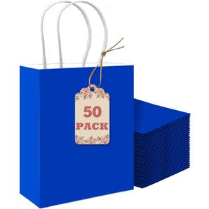 qiqee 50-Packs Gift Bag with Handles Bulk Diamond Blue Paper Bags Multiple Uses (8.3"x3"x6" Small Size)