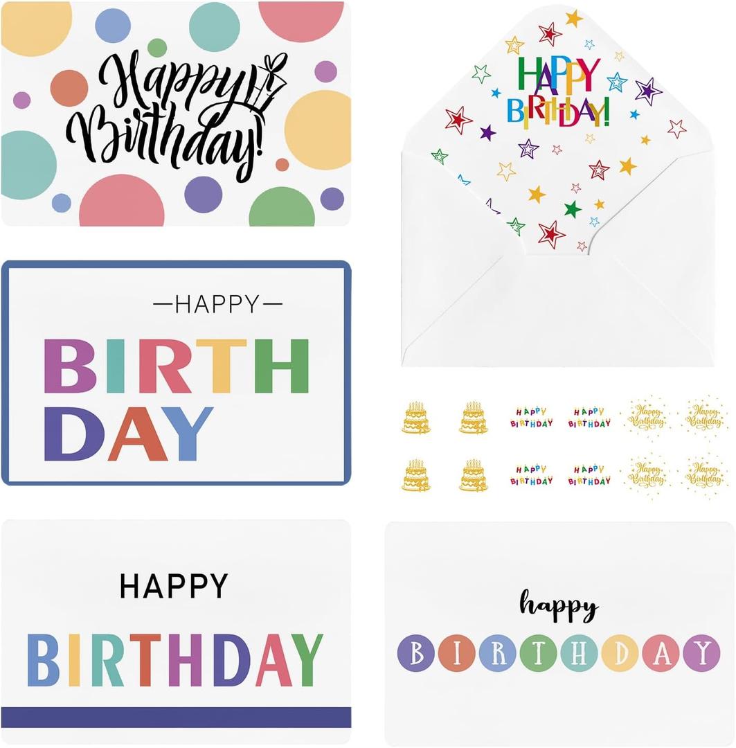 Artoid Mode 36 Pack Happy Birthday Thank You Cards Greeting Gift With Envelope Sticker Blank Note Cards for Birthday, 4 x 6 Inch