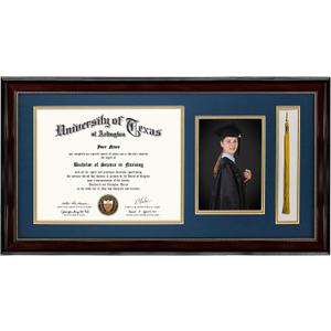 GraduationMall 11x22 Mahogany Diploma Frame with Tassel Holder and Picture for 8.5x11 Certificate 5x7 Photo,Real Glass,Navy over Gold Mat