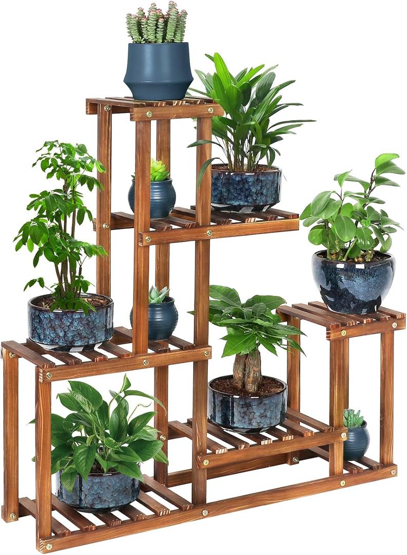 Wood Plant Stand Indoor Outdoor Multi Tiered Corner Plant Shelf Holder High Low Flower Rack Stand for Indoor Multiple Plants 9 Potted Organize Shelves in Living Room Garden Balcony Patio Yard