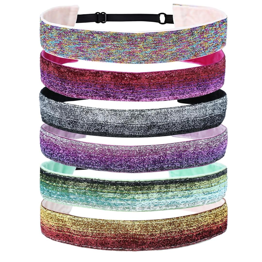 6 Pcs Glitter Headbands for Girls Hair, Adjustable Non-Slip Head Bands, Cute Elastic Sparkly Headband, Girl Hair Accessories, Stretchy Shiny Headbands Gifts
