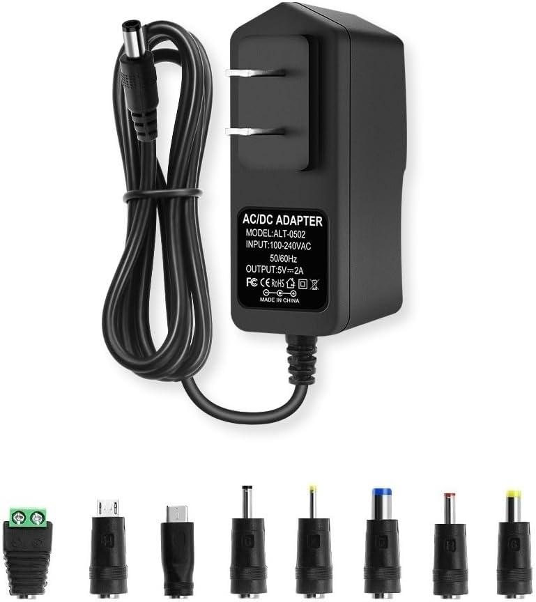 5V 2A Power Supply Adapter, AC to DC 5V Power Adapter Cord, 100-240 50/60Hz AC Input to DC 5Volt 2Amp Universal Transformer, 5.5mm x 2.5mm Plug & 8 Tips