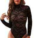 Bodysuits for Women Long Sleeve Turtleneck Sheer Mesh Geometric Velvet Bodysuit Leotard Tops for Going Out,  M Black