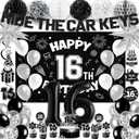 16th Birthday Party Decorations for Boys, Black White 16th Party Supplies with Hide The Car Keys Banner Black 16th Number Balloons Happy 16th Birthday Banner Cake Topper for Boys Girl Birthday Decor
