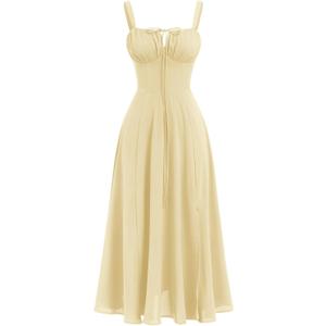 Women Floral Corset Dress Summer Dress 2025 Boho Flowy Slit Lace Up Midi Dresses Going Out A Line Casual Sundress (Yellow) S