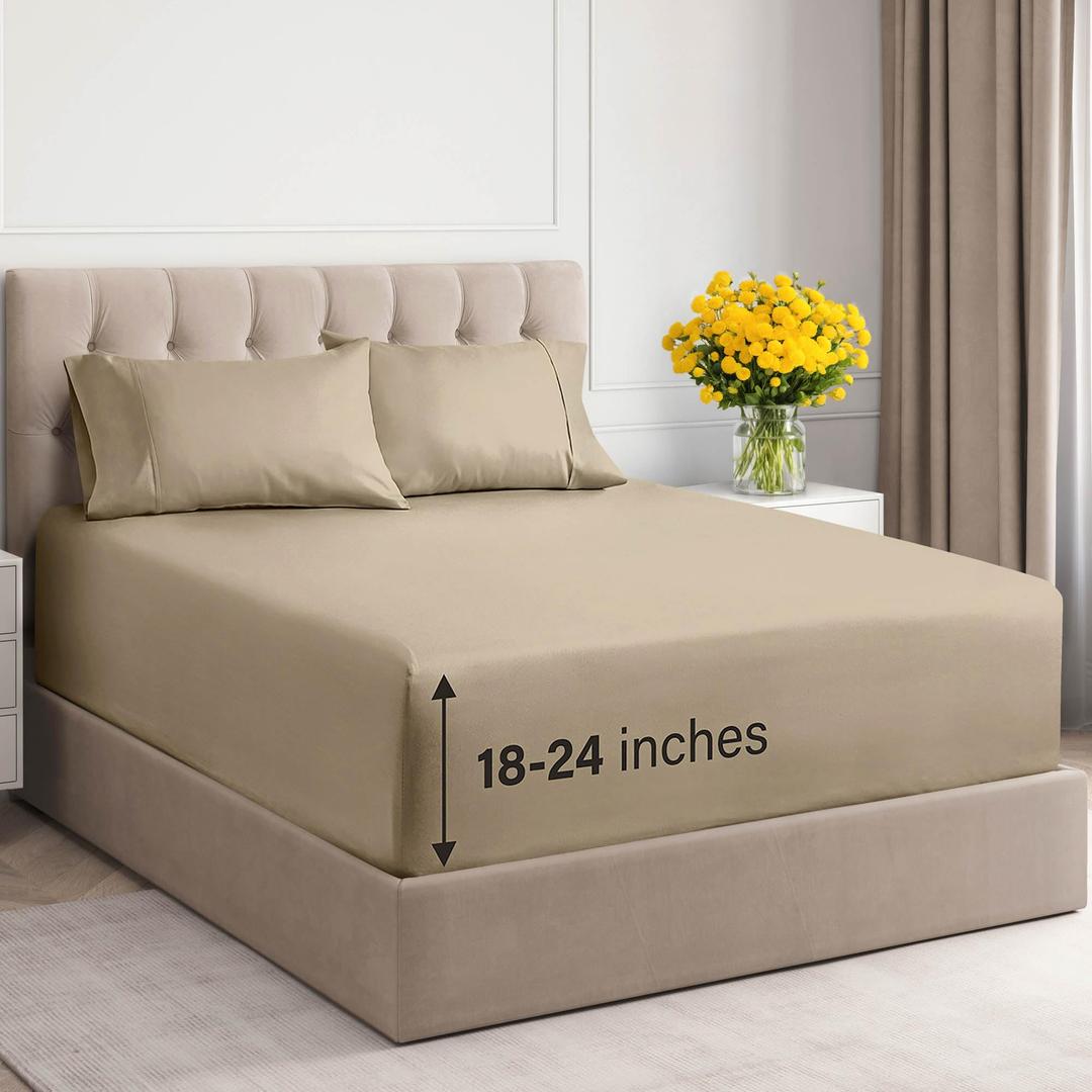 Extra Deep King Sheet Set - 6 Piece Breathable & Cooling Sheets - Hotel Luxury Bed Sheets Set - Easy & Secure Fit - Soft, Wrinkle Free & Comfy Sheets Set - Beige Sheet Set w/Extra Deep Pockets