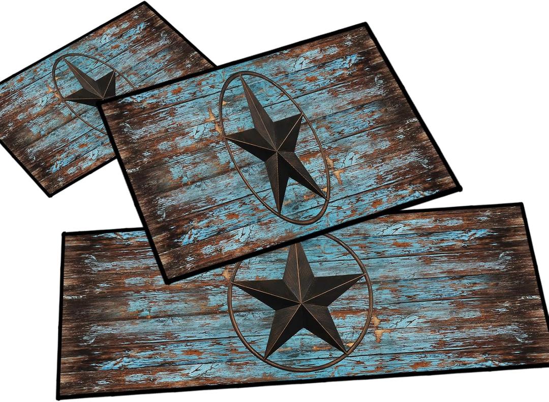 Western Kitchen Rug Set of 3,Anti Fatigue Mats for Kitchen Floor,Barn Texas Star on Old Wooden Plank Rustic Country Farmhouse Kitchen Mat Vintage Floor Mats Non Slip Washable Kitchen Rugs Runner,Teal