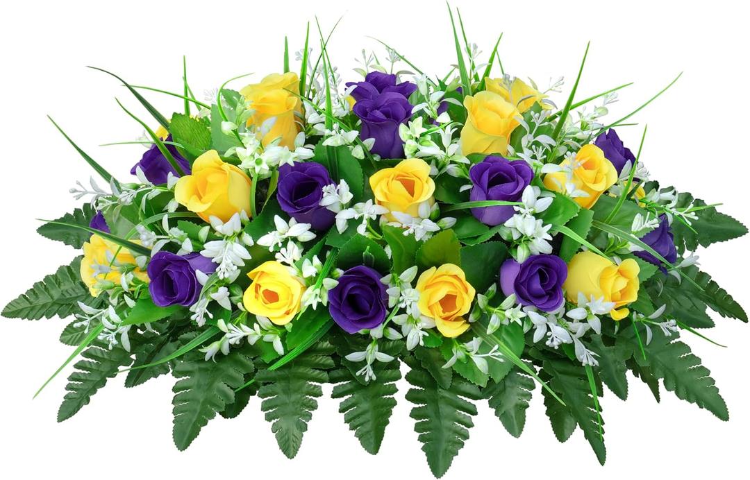 LVXINLI Artificial Cemetery Flowers Saddle-Shaped Tombstone Decorations Non-Fading UV-Resistant Yellow+Purple Saddle