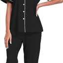 COLORFULLEAF Women's 100% Cotton Pajamas Set Button Down Sleepwear Short Sleeve Shirt and Long Pants Soft Ladies Lounge Sets (Black, M)