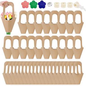 50 Pcs Kraft Paper Flowers Gift Bags with Handle, Bouquet Bags Hanging with Ribbon Sticker Rose Thorn Remover, Cone Floral Wrapping Paper Bag for Wedding Graduation Party Florist (Kraft Paper)