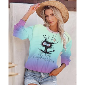 MNLYBABY It's Fine I'm Fine Everything Is Fine Sweatshirt Women Cute Black Cat Tee Tie Dye Cat lover Long Sleeve Top, M