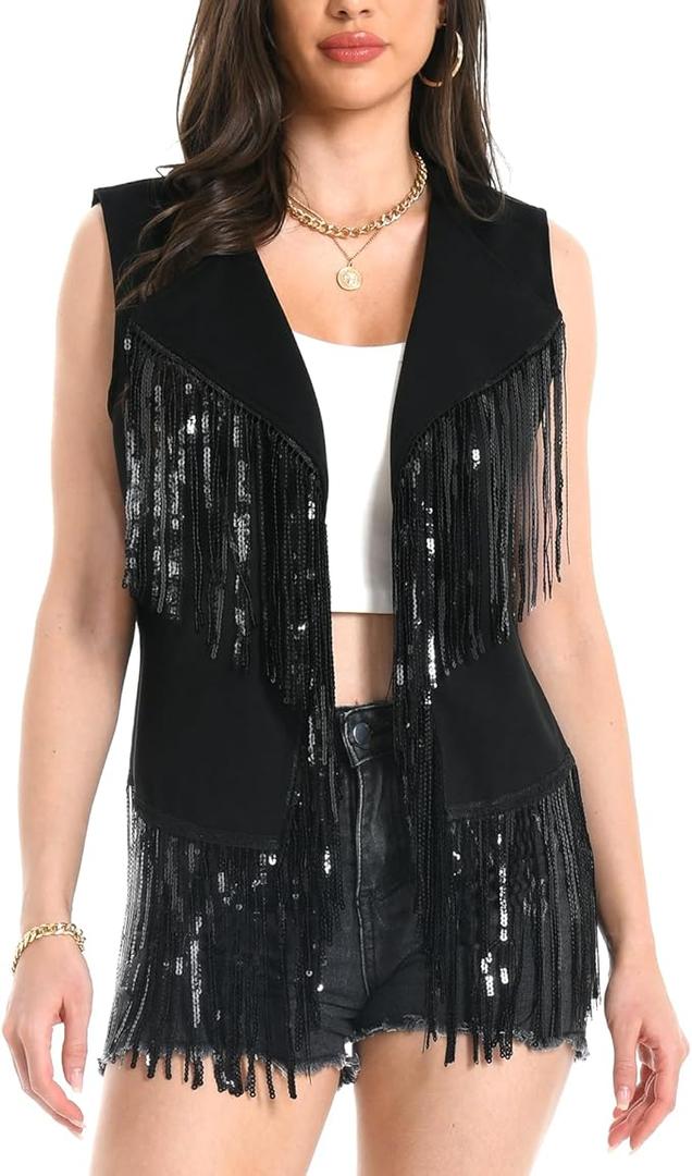Fringe Vest - 60s 70s Outfits for Women Cowgirl Tassel Sleeveless Hippie Costume Western Faux Suede, Size  XL