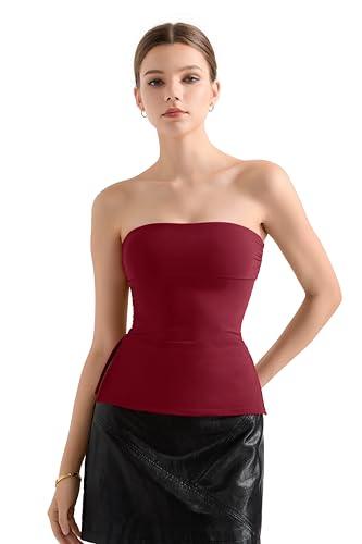 SUUKSESS Women Double Lined Going Out Trendy Tube Tops Side Split Sexy Strapless Tank Tops (Wine,XS)