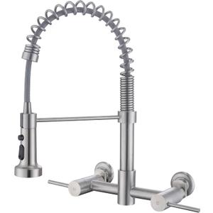 Wall Mount Kitchen Faucet, 8 Inch Center Wall Mount Kitchen Sink Faucet with Pull Down Sprayer Commercial, Brushed Nickel