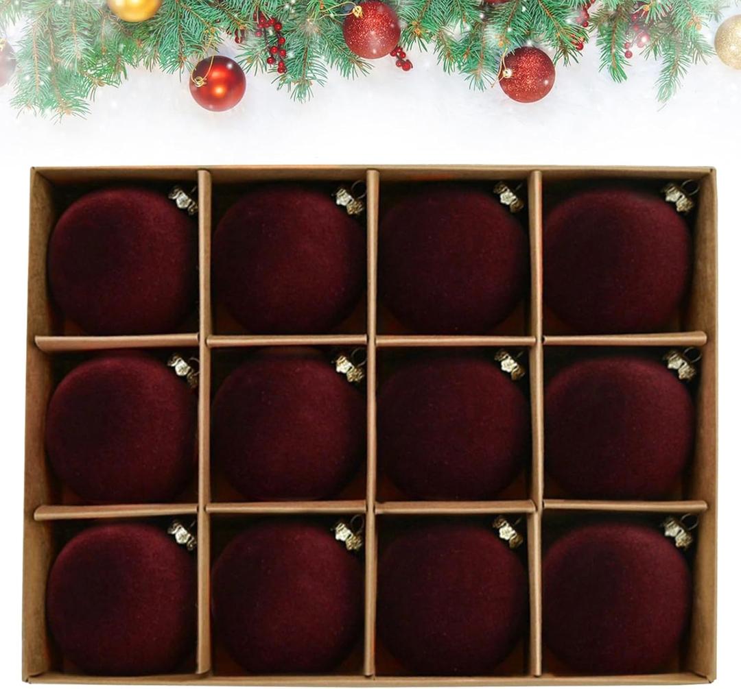 12Pc 2.4Inch Velvet Christmas Ornaments Balls Sets Shatterproof Christmas Balls Christmas Hanging Decorations Neutral Textured Ornaments Decorative for Christmas Tree (Wine Red)