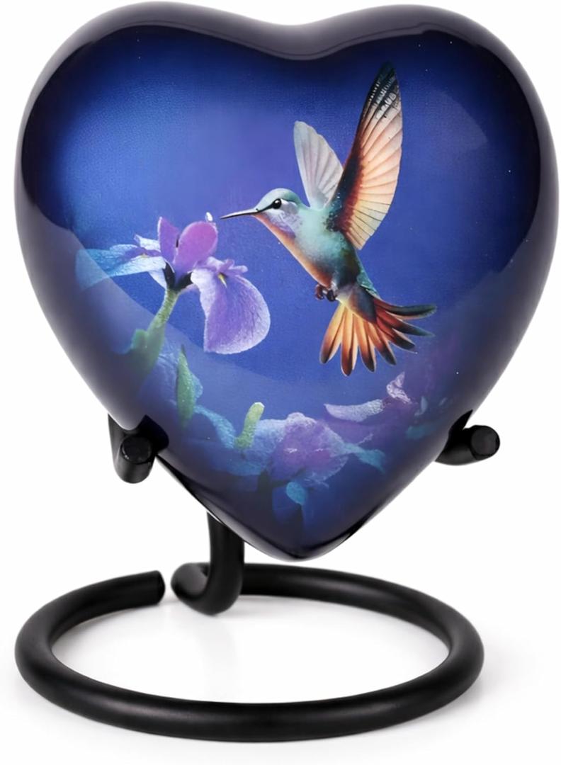 Hummingbird Heart Urns for Human Ashes, Small Keepsake Cremation Urn with Storage Box and Stand, Memorial Funeral Urn for Adult Male & Female, Home Display or Burial (Blue)