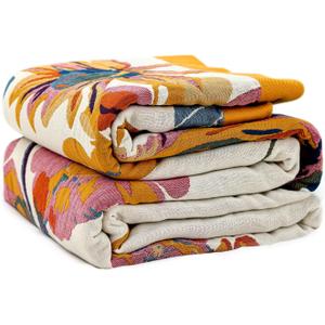 LUTBM Boho Throw Blanket for Couch 100% Cotton Soft Breathable Butterfly and Floral Embroidery Summer Throw Blanket,50"x60" All Season Reversible Throws for Sofa Chair Bohemian Decor for Livingroom