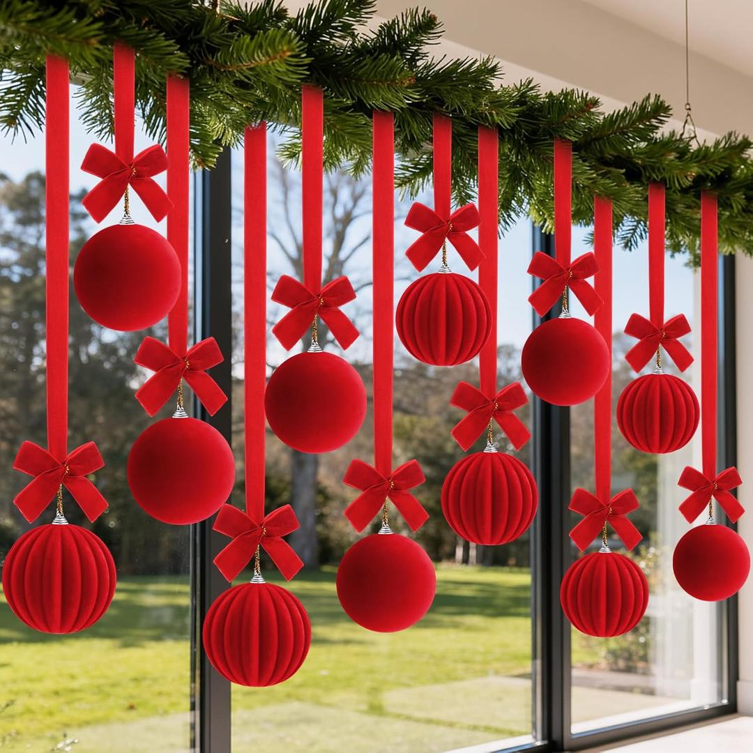 Sosation 12 Set 43" Large Velvet Christmas Ball Ornaments Decoration Set Velvet Xmas Balls with Ribbon and Bow Hanging Ornaments for Christmas Tree Window Curtain Door Living Room Decor(Red)