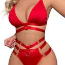 Lilosy Sexy Wireless Choker O Ring Linked Strappy Harness Lingerie Set Outfits 3 Piece (Small, Red)