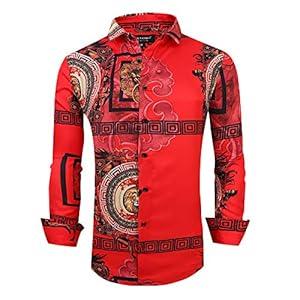 Alex Vando Mens Nightclub Printed Dress Shirts Non-Iron Regular Fit Button Down Party Men Shirt, 2604 Red, S