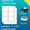 90 Printable White Glossy Waterproof Vinyl Bottle Labels, Inkjet & Laser Compatible, 4 x 3-1/3 Inch