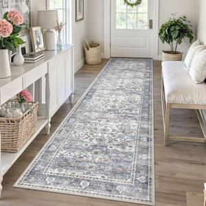 KUTA Vintage Washable Runner Rug, 2.6x10 Grey Blue Runners for Hallways Non-Slip Kitchen Rugs Ultra Thin Soft Printed Distressed Oriental Floral Floor Carpet for Laundry Bedroom Living Room Nursery