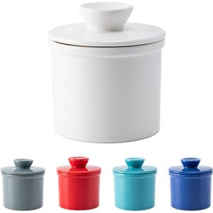 Butter Crock With Water Line for Countertop, French Dish With Lid, Ceramic Keeper for Fresh Spreadable Butter, Container Holder for Kitchen and Home Decor, White