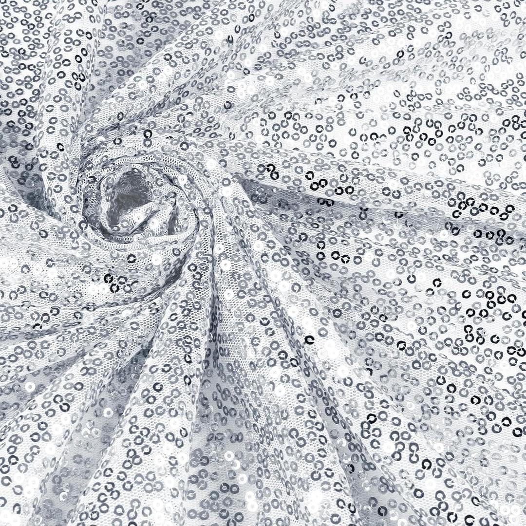 Vonty Sequin Fabric by The Yard - 2 Yard Silver Sequin Fabric, Glitter Fabric Sparkly Shiny Fabric Mesh Mermaid Fabric for Sewing Wedding Dress Tablecloth Party Decorative DIY(48 Inch Wide)