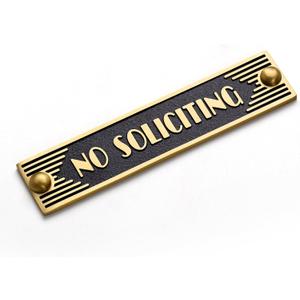 Brass No Soliciting Sign 5" - Classic Art Deco Style, Brushed Matte Finish, Hidden Screws and Nanotape Adhesive for Front Door, Wall Decor, Home, Office, Business - Rectangle