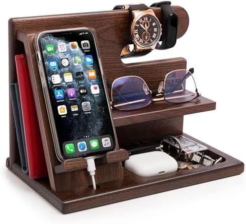TESLYAR Wood Phone Docking Station for Men - Desktop or Nightstand Organizer - Birthday Gifts for Men, Dad - Anniversary Idea from Wife - Key Holder, Stand Wallet, Watch & Essentials (Antique Brown)