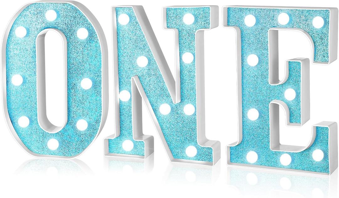3 Pieces LED Light up Letter ONE Plastic Marquee Number Lights First Birthday Sign 1st Birthday Decorations Light up Letters for Boys Girls Baby 1 Year Old Birthday Party Supplies(Blue)