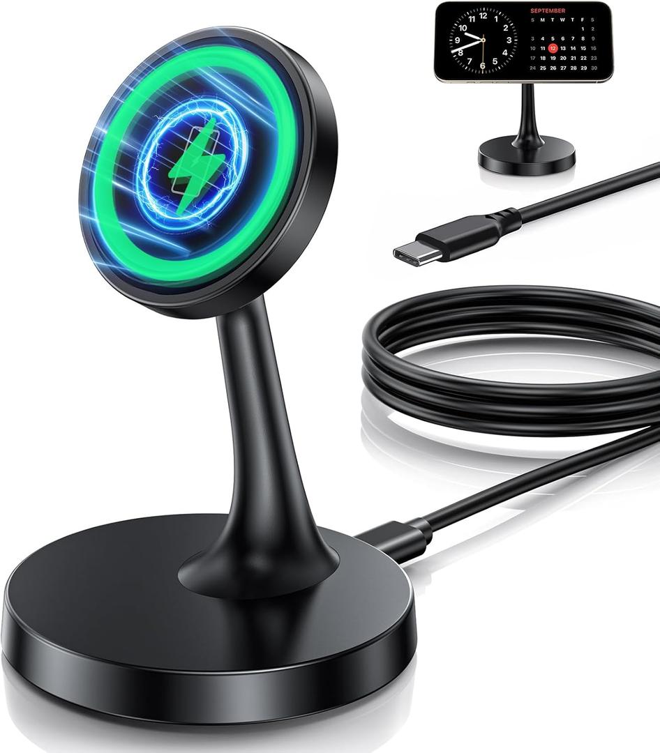 Magnetic Wireless Charger iPhone Stand 15W Fast Mag-Safe Charger for iPhone 17/17 Pro/17 Air/17 Pro Max 16/15/14/13/12 Series Apple Magnet Wireless Charging Station/Pad for AirPods (Black)