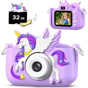 Upgrade Kids Camera for Boys Girls, Toddler Digital Selfie Camera with Cute Protective Cover and 32G SD Card, Christmas Birthday Gifts Toys for 3 4 5 6 7 8 9 10 11 12 Years Old Little Girls and Boys (Purple)