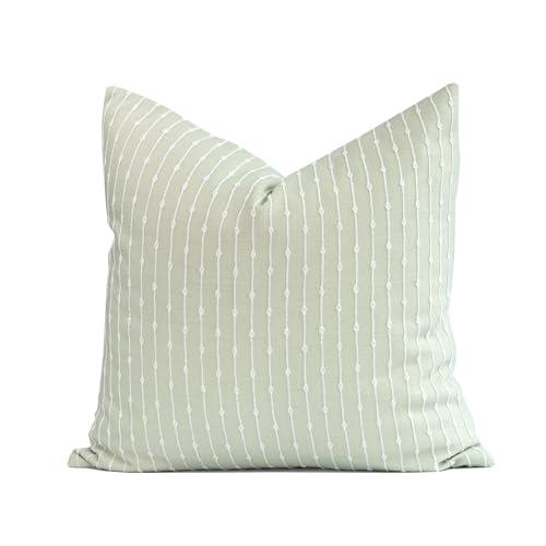 Crumbs Home Modern Farmhouse Fall Linen Indoor Outdoor Throw Pillow Cover Only, 20"x20" Water Repellent for Patio, Backyard, Couch, Light Green Embroidered Stripes