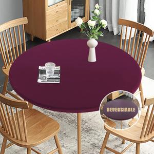 Obstal Fitted Round Table Cloth, Reversible Waterproof Stain Resistant Elastic Stretch Tablecloth, Wipe Clean Table Cover for Outdoor/Indoor Use, Fits Round Tables up to 48" - 56" Diameter, Burgundy
