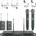 Phenyx Pro Wireless Microphone System, 4-Channel UHF Wireless Mic Set with Handheld/Bodypack/Headset/Lapel Mics, Fixed Frequency Metal Cordless Microphone for Church,Singing,DJ(PTU-5000-2H2B)