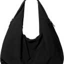 Slouchy Tote Bag Nylon Solid Pleated Handbag Large Hobo Bags for Women Multipockets Crescent Shoulder Bag (Black)