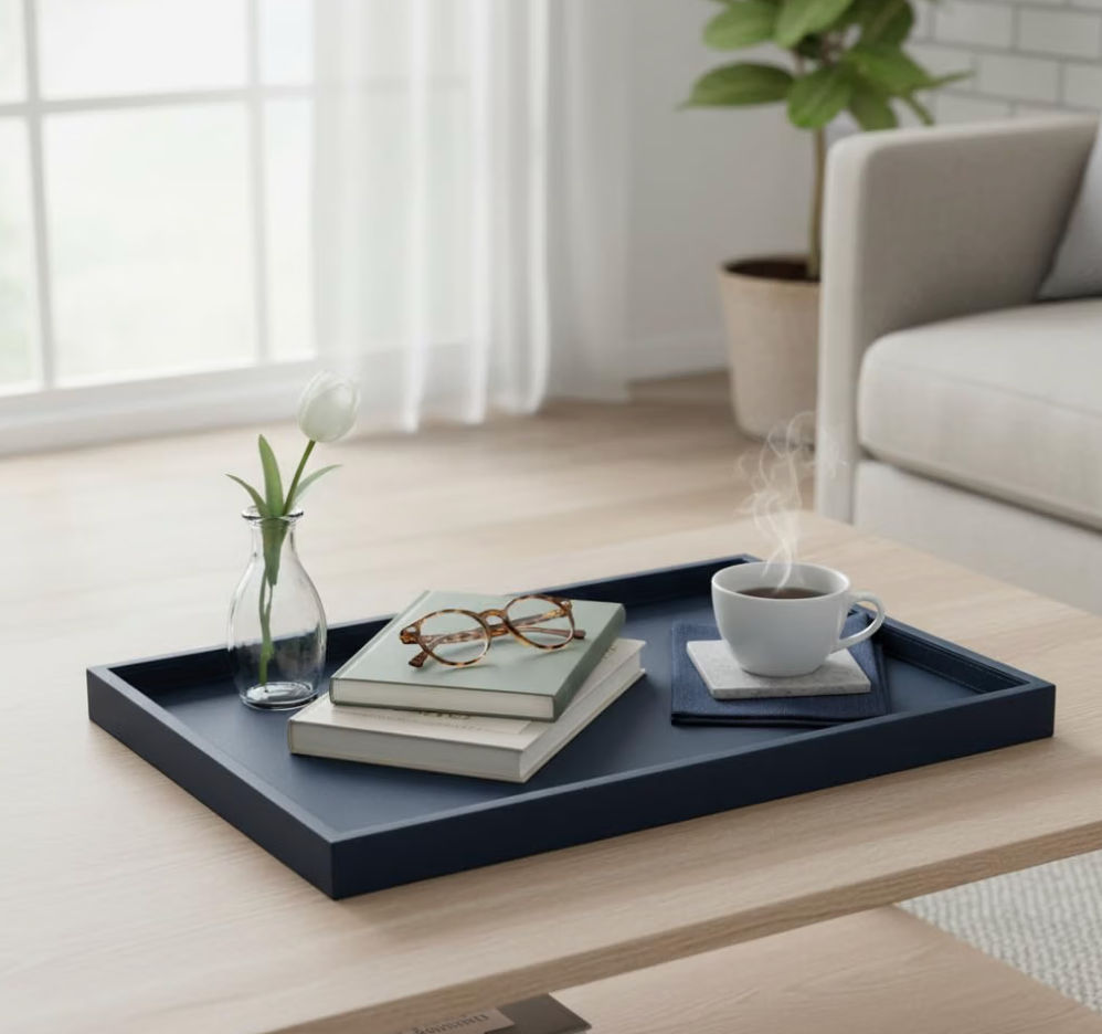 25 * 15 Inch Rectangular Ottoman Tray | Textured PU Leather, Waterproof & Heat-Resistant Storage for Coffee/Dining Tables, Sofa, Bed, Entertainment & Party (Navy blue, 25 * 15in)
