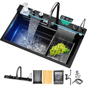 Sinks Undermount or Countertop Single Bowl Stainless Steel Kitchen Sink with Drain basket, cutting board, vegetable sink, multi-function pull-out faucet set (Black, 33.4x18x9 Inch)
