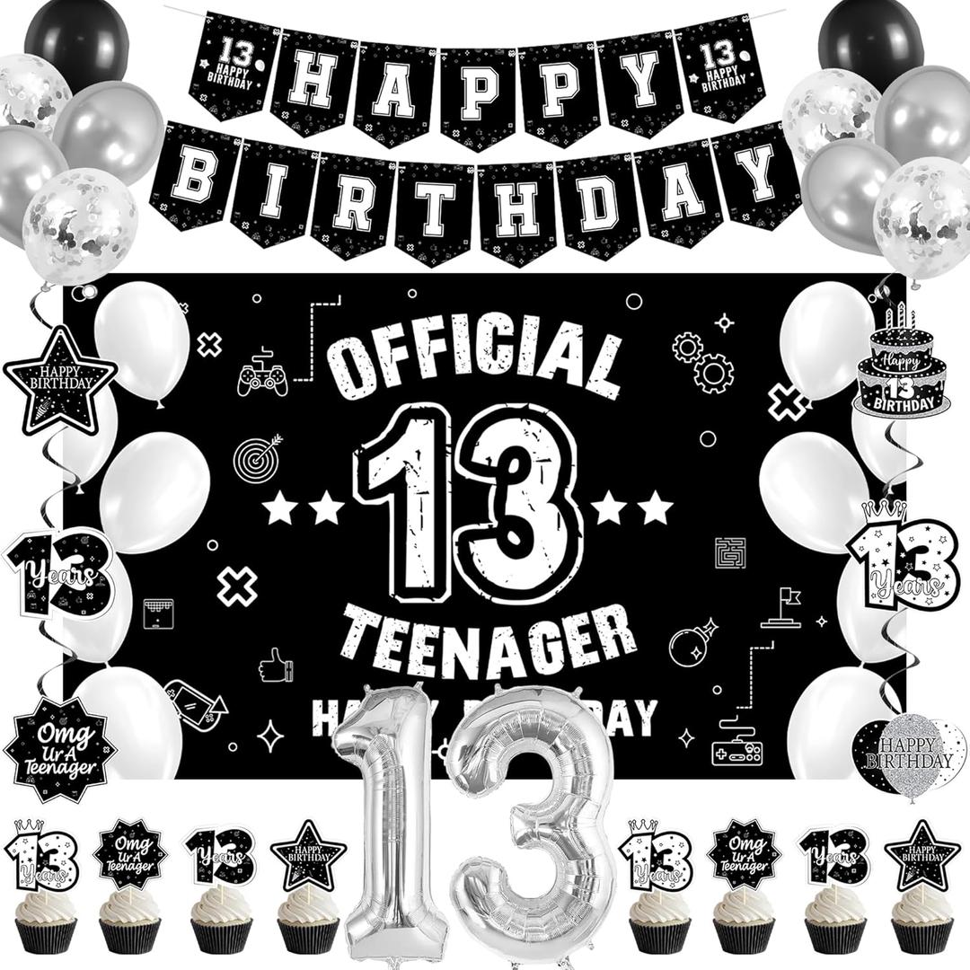 Vlipoeasn Happy 13th Birthday Decoration for Boys Girls, Black White Official Teenager Backdrop Banner, Cake Topper, Hanging Swirls, 13 Year Old Birthday Party Decor Supplies for Outside Inside