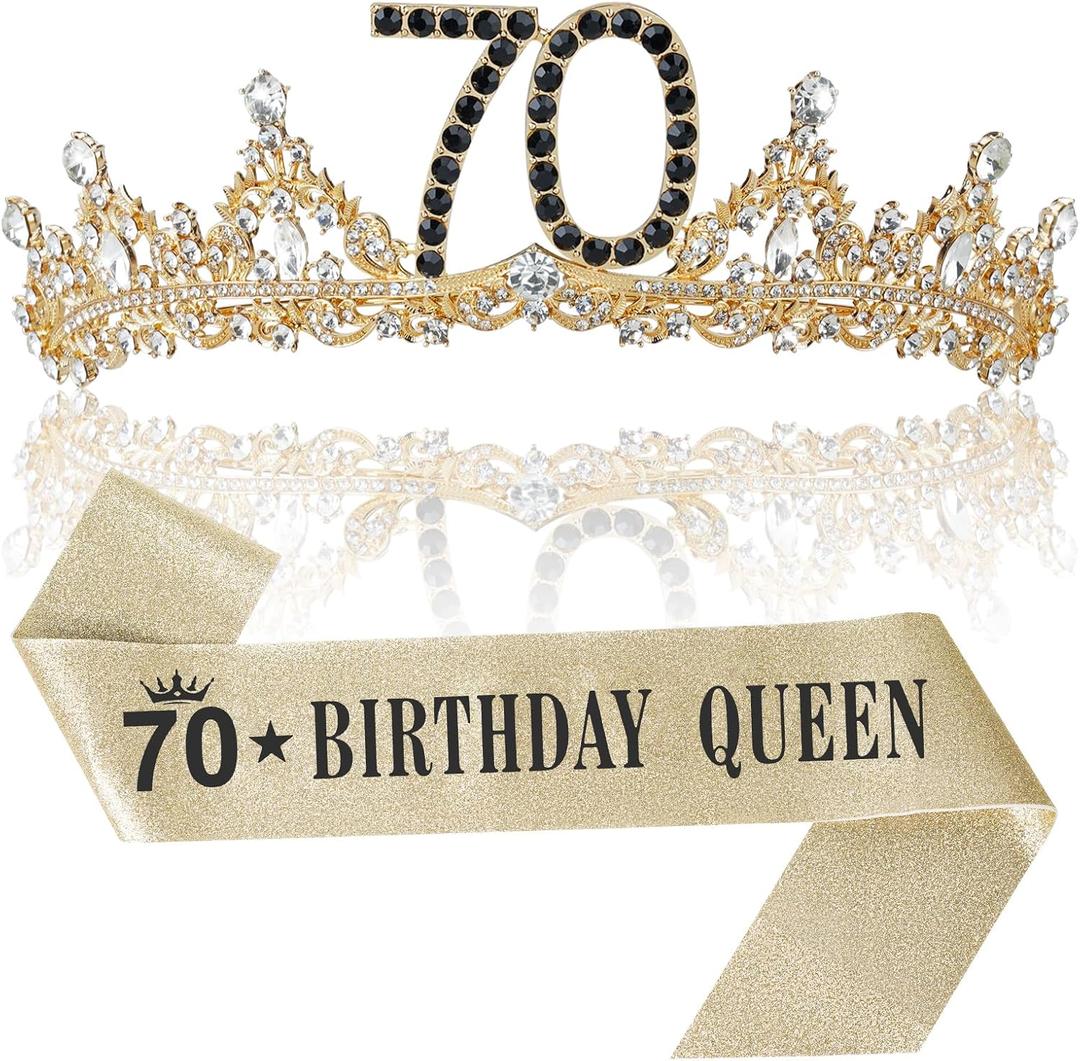 70th Birthday Crown and Sash for Women, 70 Tiara, Black Gold 70th Birthday Decorations Gifts Favors for Female Friends Sister Wife Mom