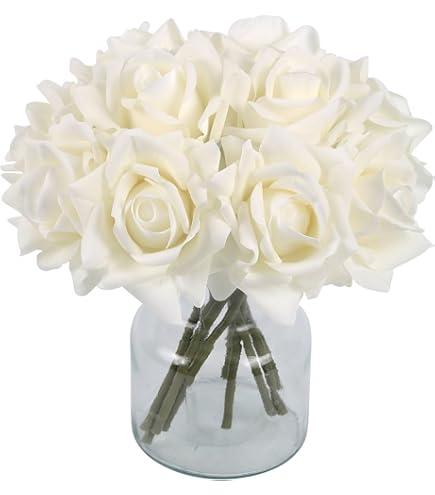 White Roses Artificial Flowers, Real Touch Faux Roses with Stems for Wedding Party Home Table Centerpieces Decoration (White)