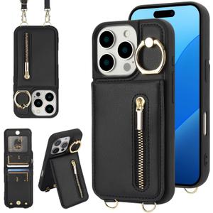 Jcxtrombulous Crossbody Wallet Case for iPhone 14 Pro with Lanyard Strap Card Slot Holder RFID Blocking Ring Kickstand,Magnetic Flip Folio Zipper Purse Case, PU Leather Cover Handbag,Black