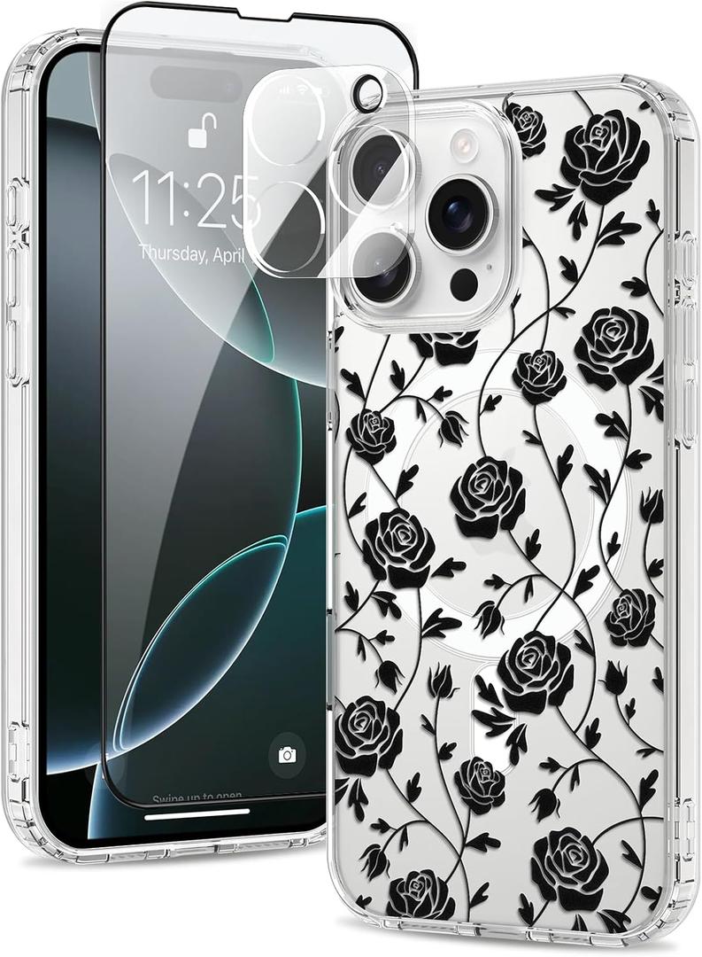 Magnetic for iPhone 16 Pro Max Case [Compatible with MagSafe][with Screen + Camera Protector] Clear Rose Floral Flower Pattern Design, Slim Shockproof Phone Cover for Women Girls